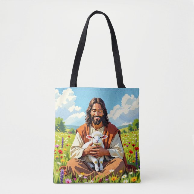 Jesus holding a Lamb | Religious Christian Tote Bag (Front)