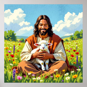 Jesus holding a Lamb Religious Easter Poster