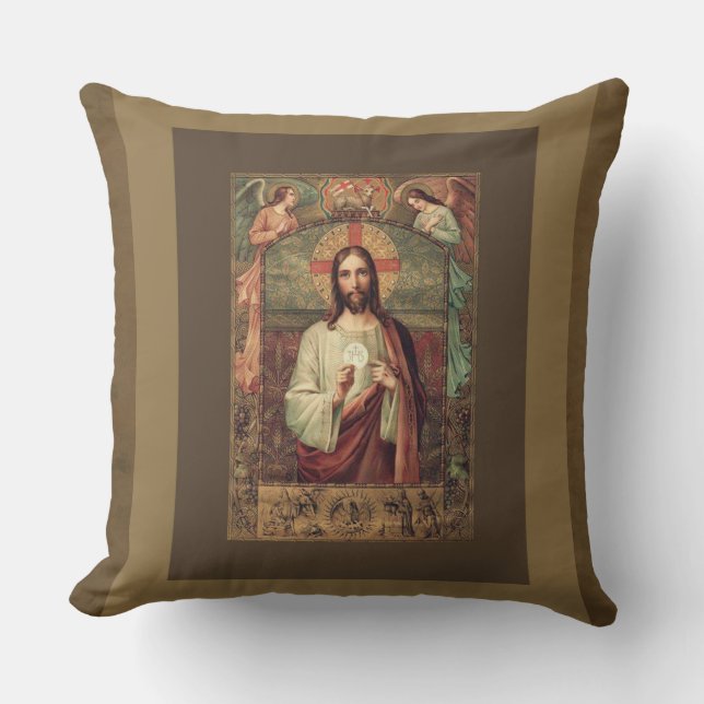 Jesus holding Eucharist Host with Angels Above Throw Pillow (Front)
