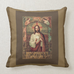 Jesus holding Eucharist Host with Angels Above Throw Pillow