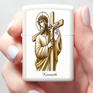 Jesus Holding Gold Cross in Devotion Zippo Lighter