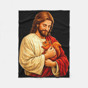Jesus holding squirrel christian  fleece blanket