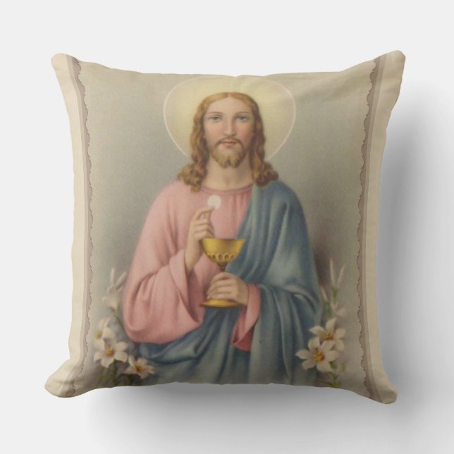 Jesus holding the Eucharist & Chalice Throw Pillow (Front)