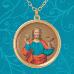 Jesus Holding Up the Eucharist (SNV 050) Gold Plated Necklace<br><div class="desc">In this roundel, Jesus is garbed in bright primary colors--a blue tunic with a yellow collar and red mantle. He holds up and out to His sides the Eucharist—the bread in his upraised right hand; the chalice of wine, in his left. The gesture is open, expansive, invitational. Jesus makes eye...</div>