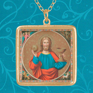 Jesus Holding Up the Eucharist (SNV 050) Gold Plated Necklace