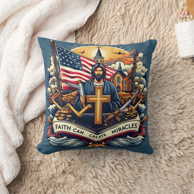 Jesus holds a cross with symbols of faith and hope throw pillow (Blanket)