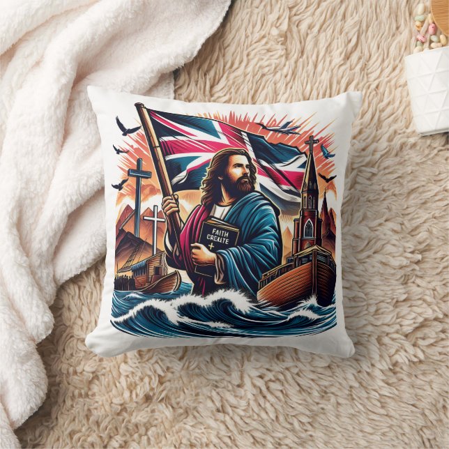 Jesus holds a flag amidst turbulent waters throw pillow (Blanket)