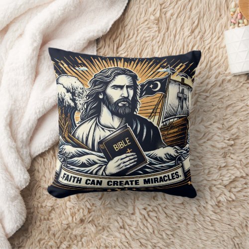 Jesus holds the Bible amidst stormy seas and ships Throw Pillow