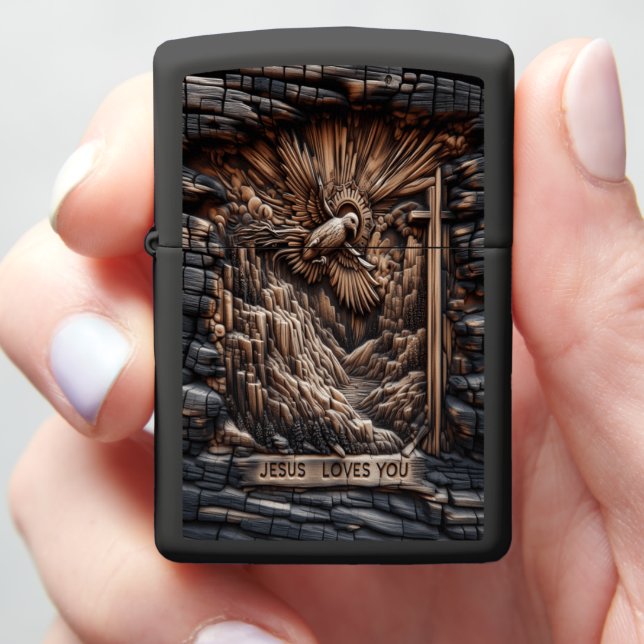 Jesus Hope Relief on Burnt Wood Zippo Lighter (In Hand)
