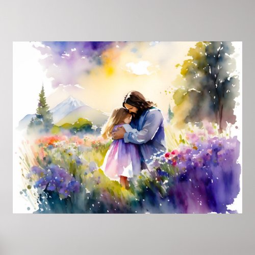 Jesus Hugging A Girl In The Flower Garden Poster