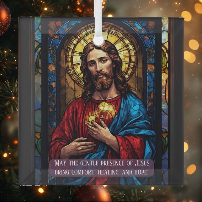 Jesus Icon of Healing Religious Christmas Quote  Glass Ornament (Jesus Icon of Healing Religious Christmas Quote Glass Ornament)