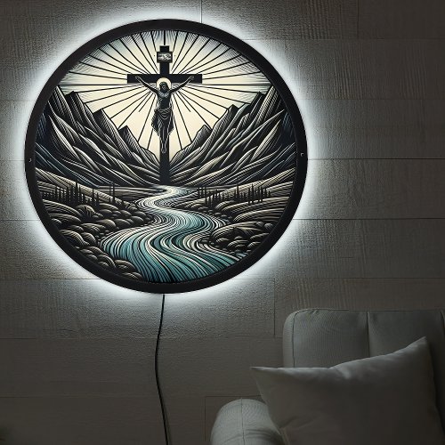 Jesus Illuminated In Mountain Landscape LED Sign