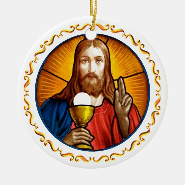 Jesus Image with Golden Frame Ceramic Ornament (Front)