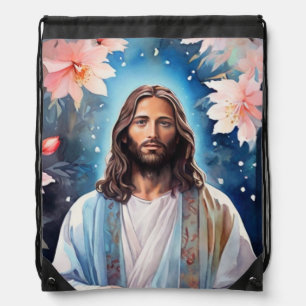 Jesus in dreamy cherry blossom forest drawstring bag