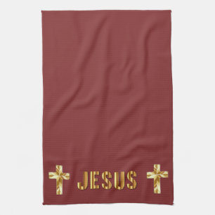 Jesus In Gold on Burgundy Kitchen Towels
