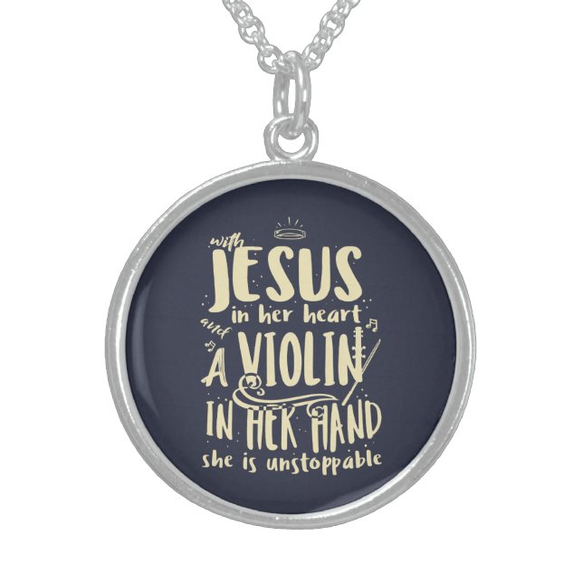 Jesus In Her Heart A Violin in Her Hand Sterling Silver Necklace (Front)