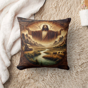 Jesus in Majestic Landscape at Sunrise Throw Pillow