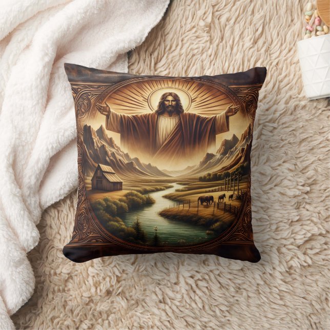 Jesus in Majestic Landscape at Sunrise Throw Pillow (Blanket)