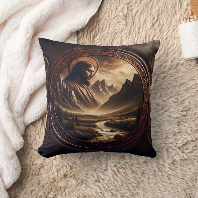 Jesus in Majestic Mountain Landscape at Dusk Throw Pillow (Blanket)