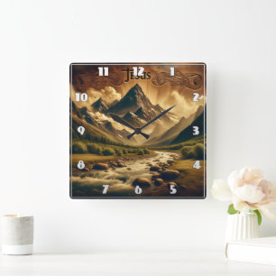 Jesus in Majestic Mountain Landscape With River Square Wall Clock