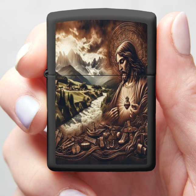 Jesus In Mountain Landscape Zippo Lighter (In Hand)