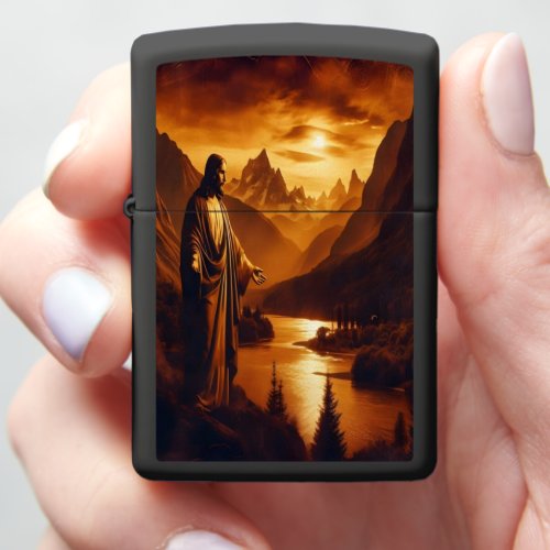 Jesus In Mountain Valley At Sunset Zippo Lighter