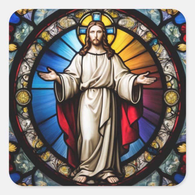 Jesus in stained glass style square sticker (Front)