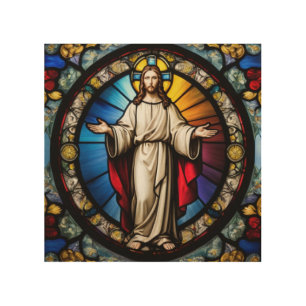 Jesus in stained glass style wood wall art