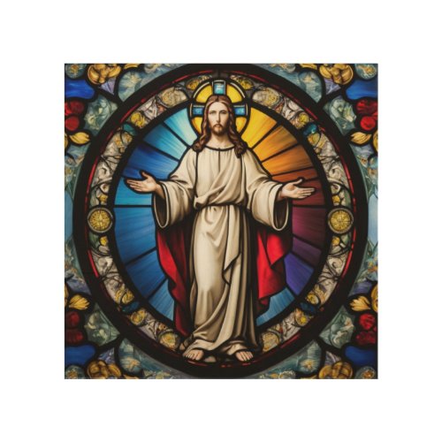 Jesus in stained glass style wood wall art