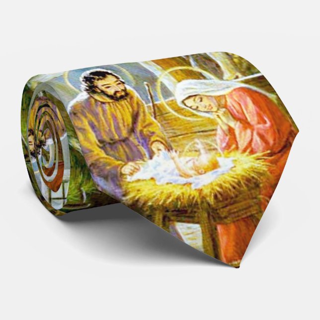 Jesus In The Manger Christmas Nativity Neck Tie (Rolled)