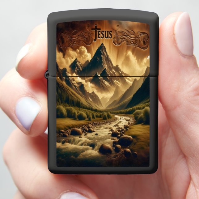 Jesus in the Mountain Valley Zippo Lighter (In Hand)