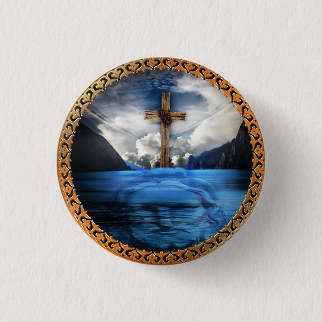 Jesus in the ocean with a wooded cross button (Front)