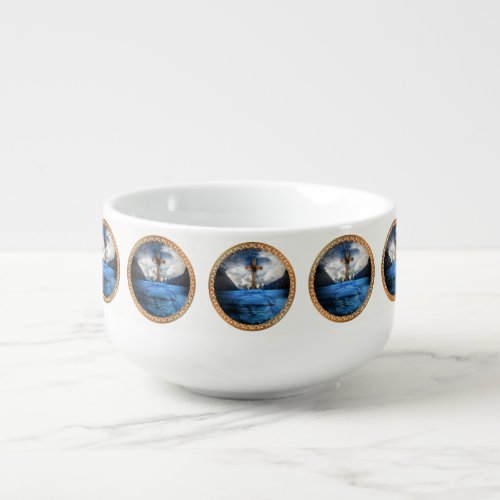 Jesus in the ocean with a wooded cross soup mug