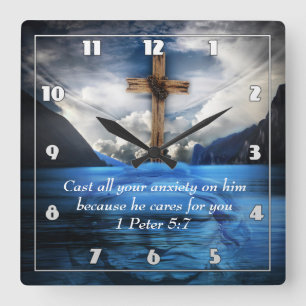 Jesus in the rippling water  1 Peter 5:7 Square Wall Clock