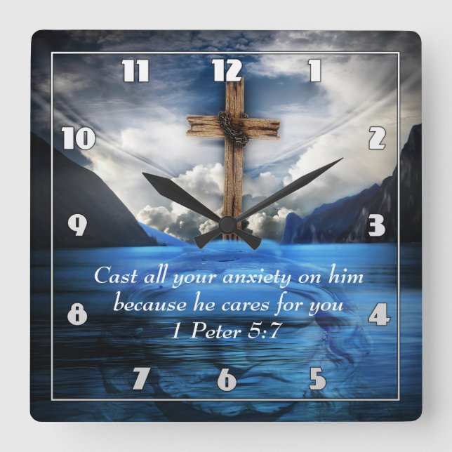 Jesus in the rippling water  1 Peter 5:7 Square Wall Clock (Front)