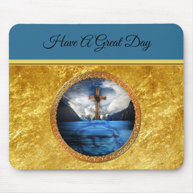 Jesus in the sea with a wood cross and gold foil mouse pad (Front)