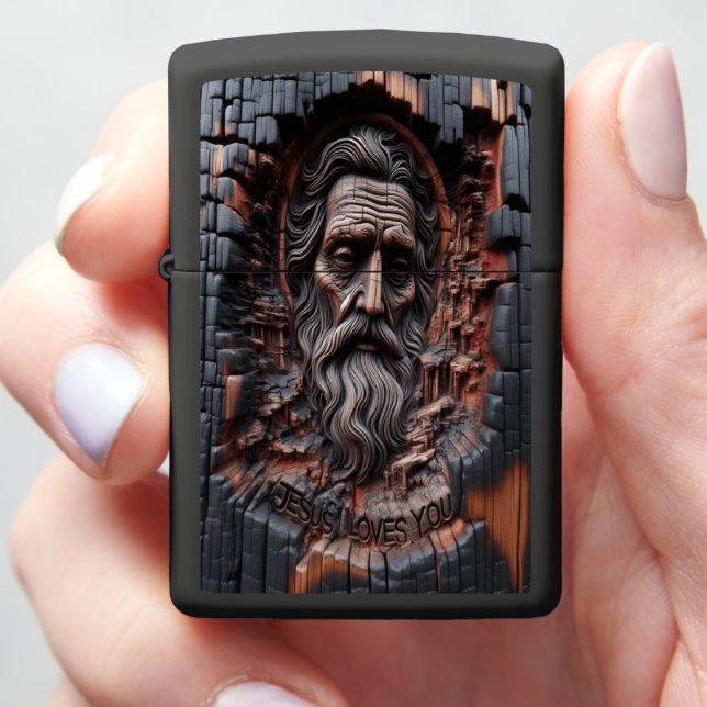 Jesus Intricate Spiritual Wood Carving Zippo Lighter (In Hand)