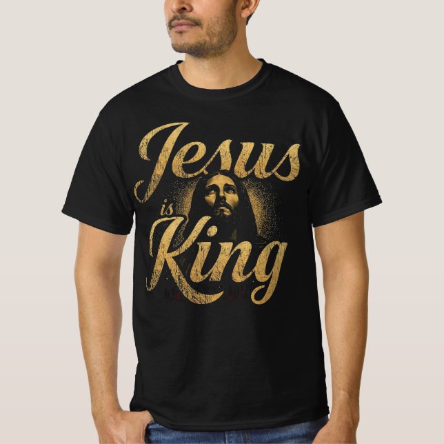 Jesus Is King Bold Gold Christian Typography T-Shirt (Front)
