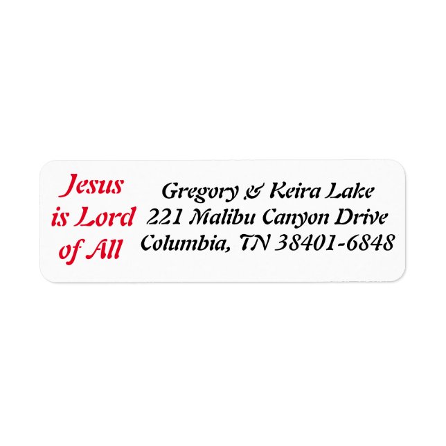 Jesus is Lord of All Return Address Label (Front)