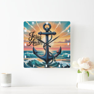 Jesus is My Anchor Waves Sunset Square Wall Clock