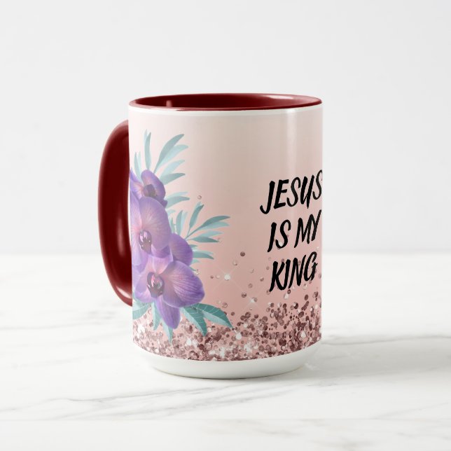 Jesus Is My King - Custom Text Floral Mug (Front Left)