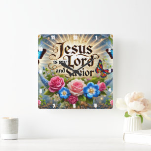 Jesus Is My Lord And Savior Floral Butterflies Square Wall Clock