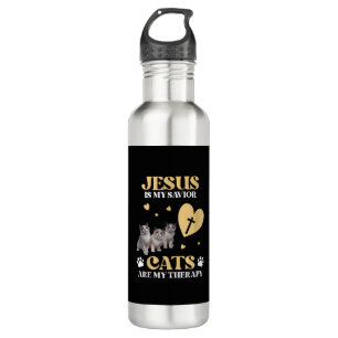 Jesus Is My Savior Cats Are My Therapy Christian C Stainless Steel Water Bottle