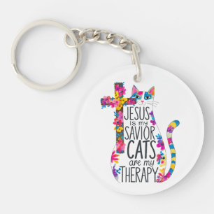 Jesus Is My Savior Cats Are My Therapy Funny Keychain
