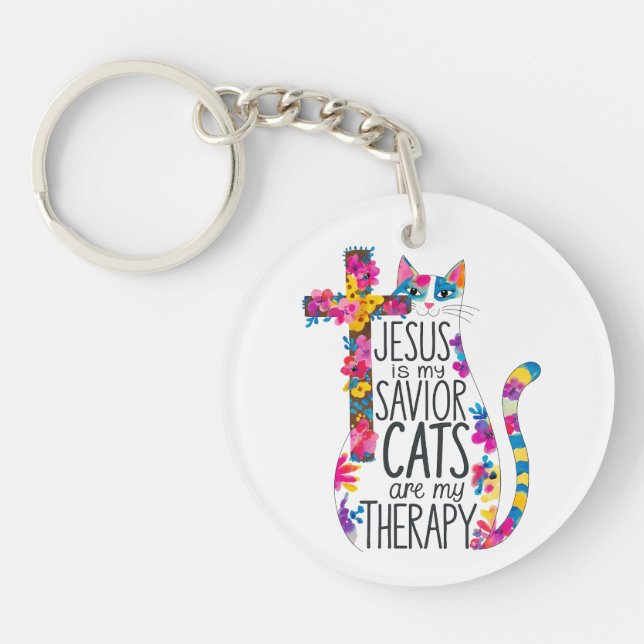 Jesus Is My Savior Cats Are My Therapy Funny Keychain (Front)