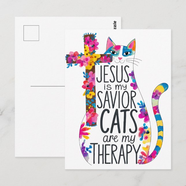 Jesus Is My Savior Cats Are My Therapy Funny Postcard (Front/Back)