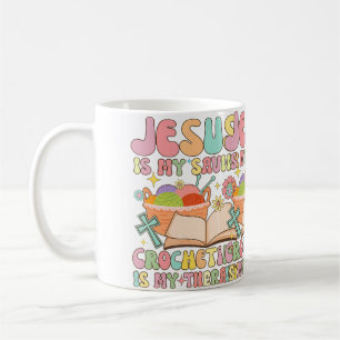 Jesus Is My Savior Crocheting Is My Therapy Groovy Coffee Mug
