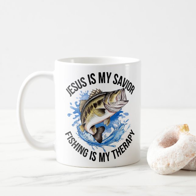 Jesus is My Savior Fishing is My Therapy Coffee Mug (With Donut)