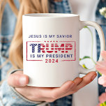 Jesus Is My Savior Trump Is My President Coffee Mug<br><div class="desc">Celebrate faith and patriotism with the Jesus Is My Savior Trump Is My President Coffee Mug. This bold and unique design combines a declaration of spiritual devotion with political support, making it a meaningful and eye-catching mug. Perfect for enjoying your morning coffee or tea, it’s an excellent conversation starter or...</div>