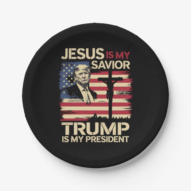 Jesus Is My Savior Trump Is My President USA Flag Paper Plates (Front)
